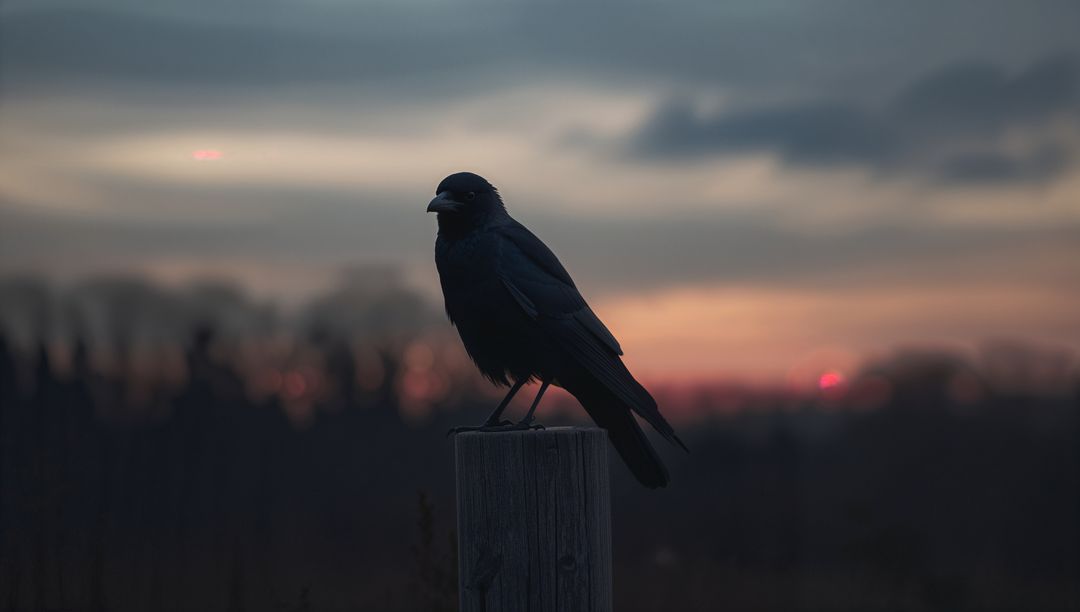 Silhouetted Black Crow Over Open Field at Dusk