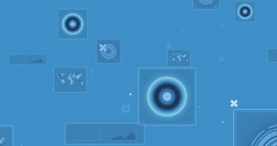 Futuristic Digital Interface with Circular Scanners and Data Visualization