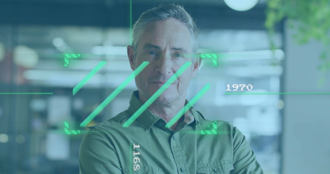 Holographic Interface Over Businessman in Modern Office