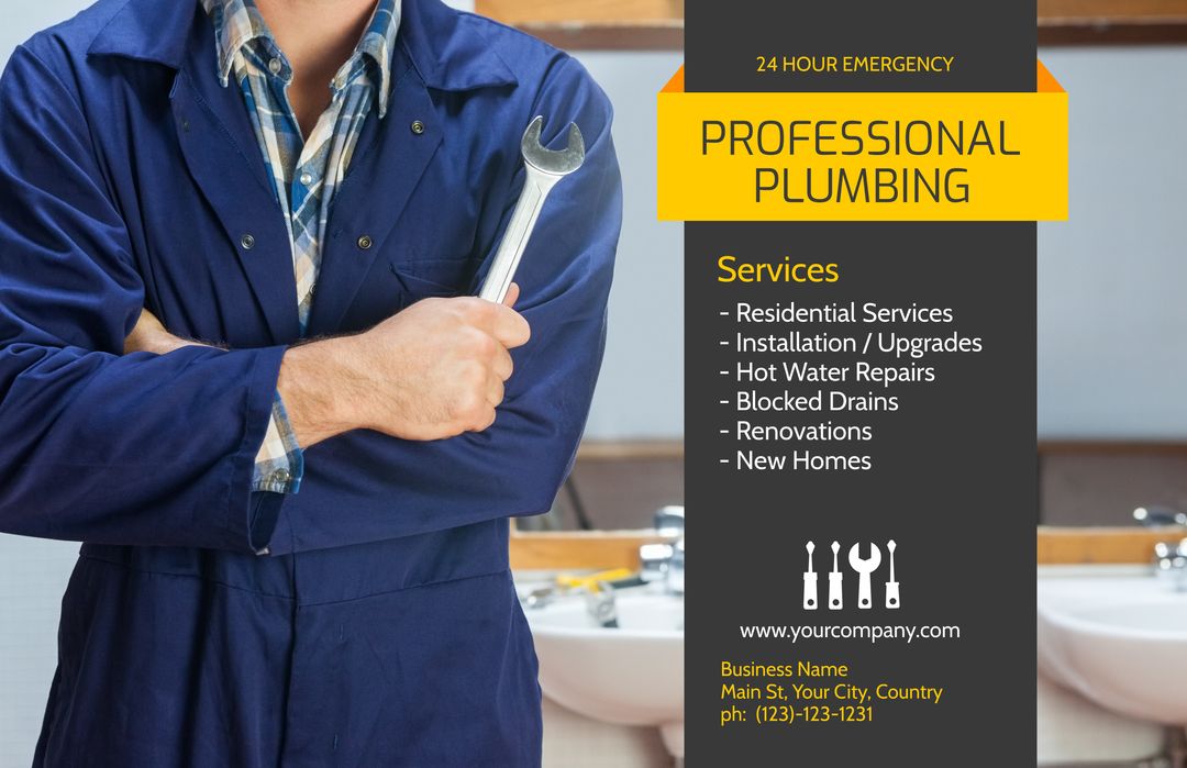 Plumber with Wrench Advertising Professional Plumbing Services