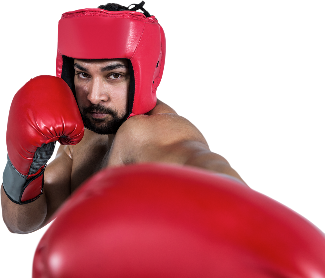 Aggressive Boxer Wearing Red Gloves and Protective Headgear on Transparent Background - Download Free Stock Images Pikwizard.com