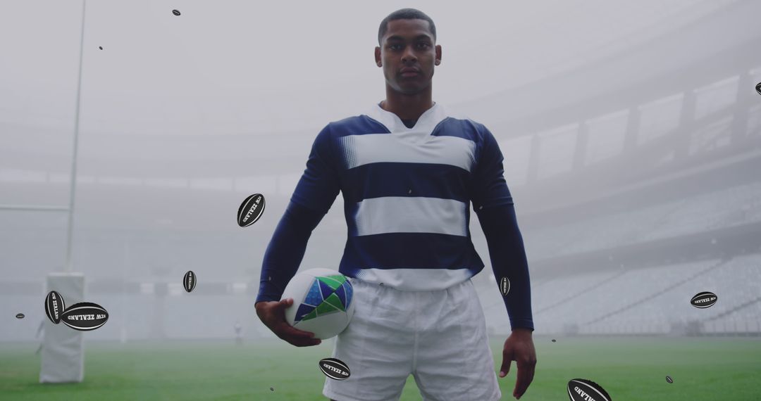 Rugby Player Holding Ball in Stadium Foggy Ambiance