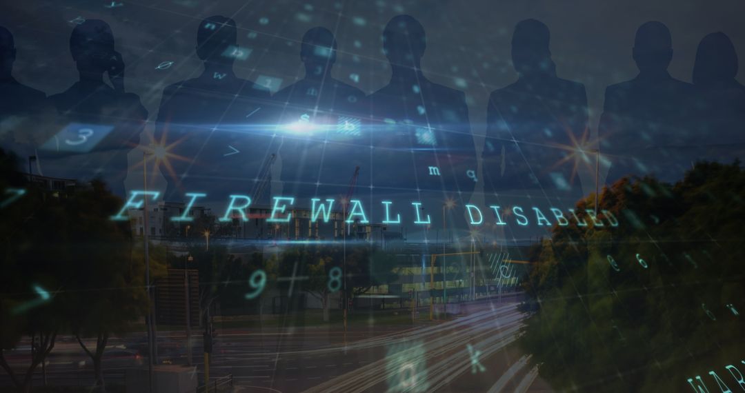 Cybersecurity Threat Overlays Cityscape with Silhouetted Figures