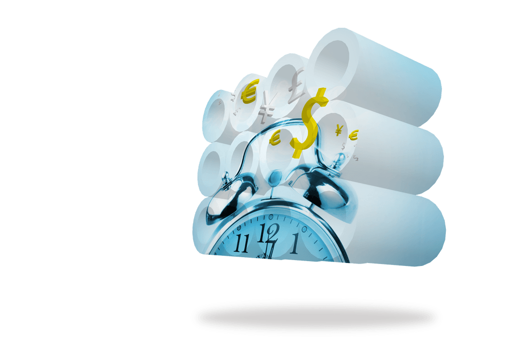 Transparent Clock Over Currency Roll Abstract with Money Symbols