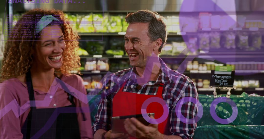 Smiling Couple Grocery Shopping with Data Overlay