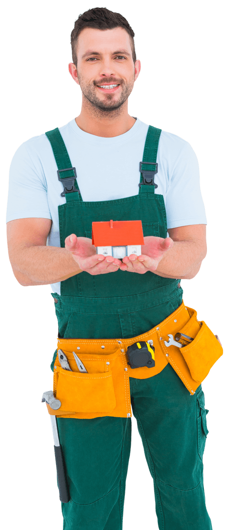 Transparent Construction Worker Holding Miniature House Model