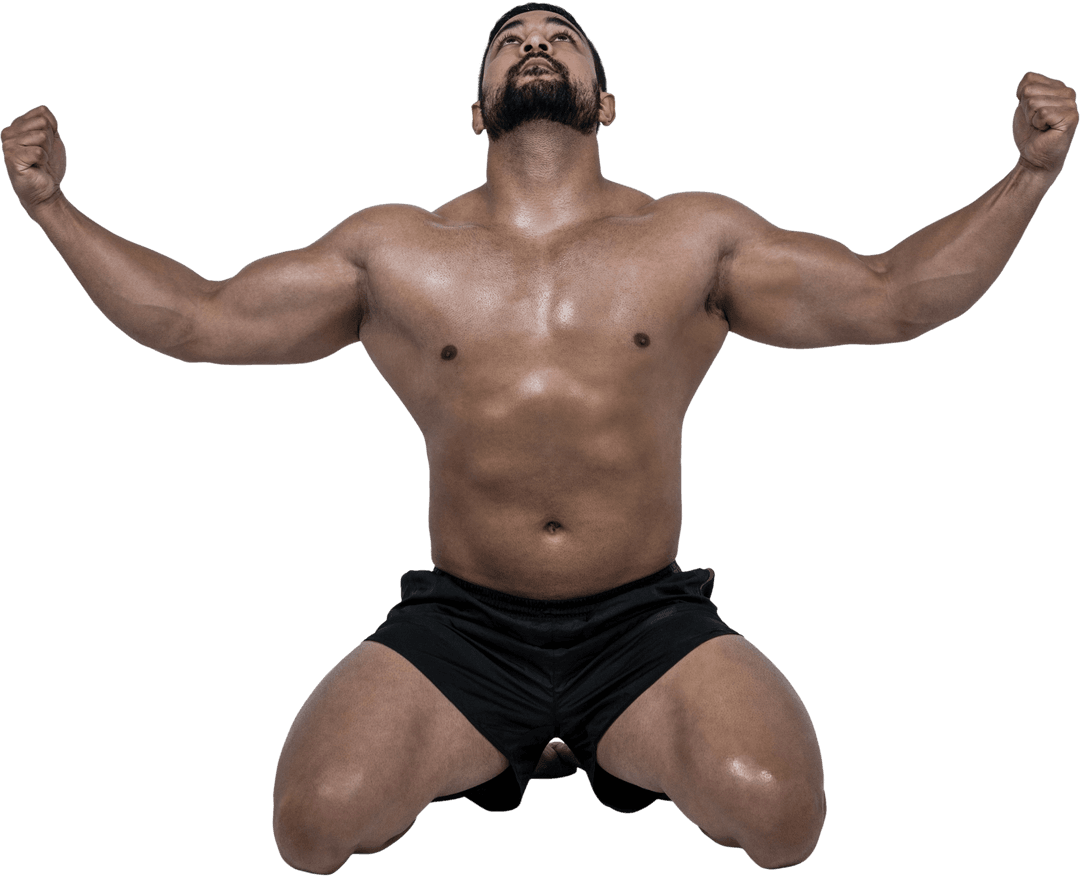 Muscular Man Kneeling and Flexing on Transparent Background