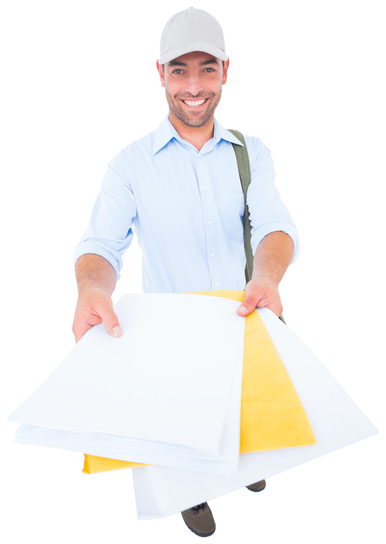 Transparent Smiling Mailman Delivering Envelope Parcel