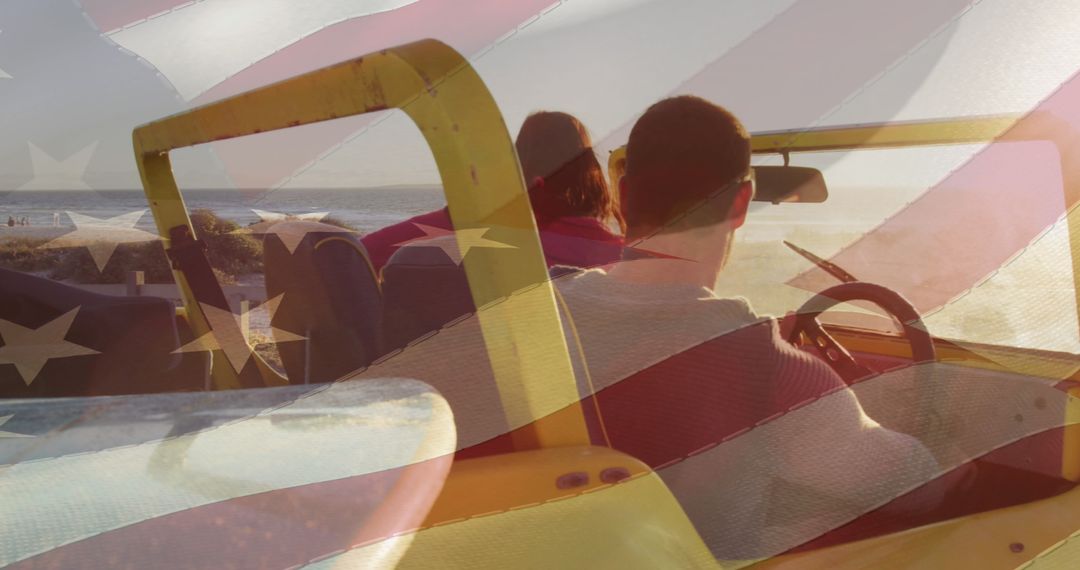 Couple Enjoying Sunset Drive with American Flag Double Exposure