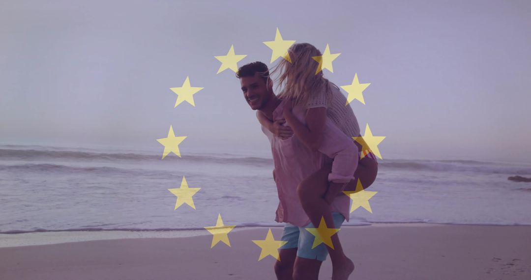 Romantic Beach Piggyback Ride with Star Overlay at Dusk