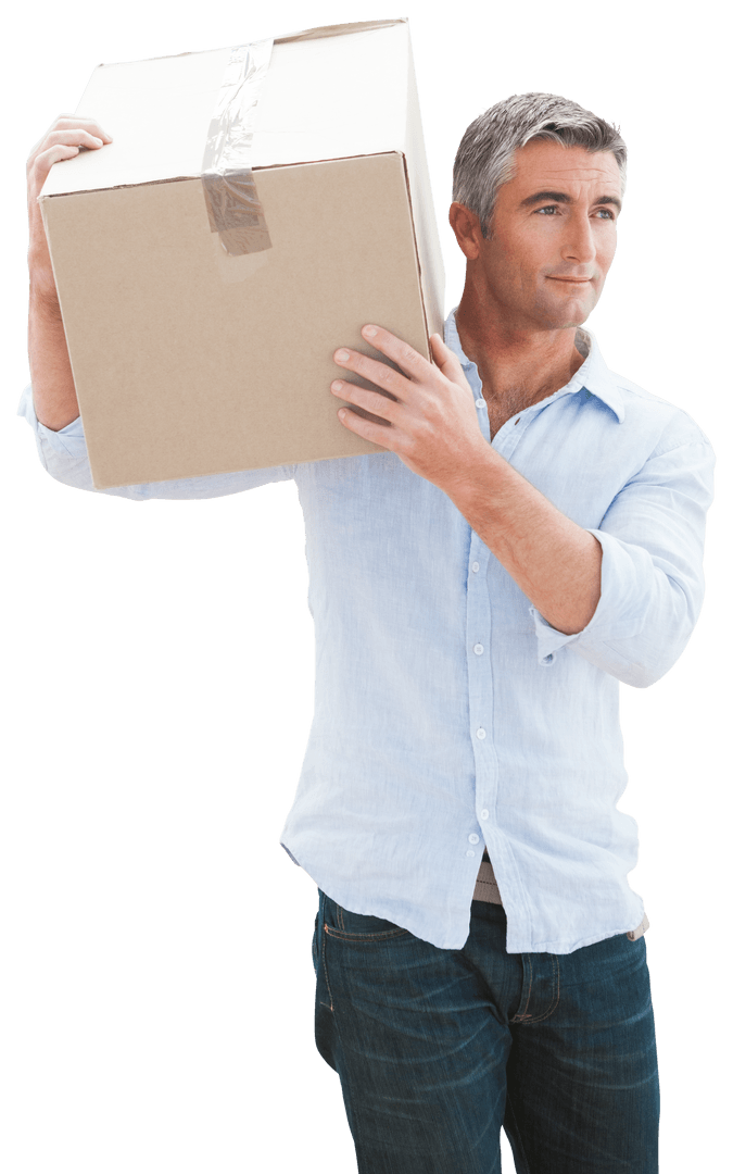 Man Holding Large Cardboard Box Transparent Background