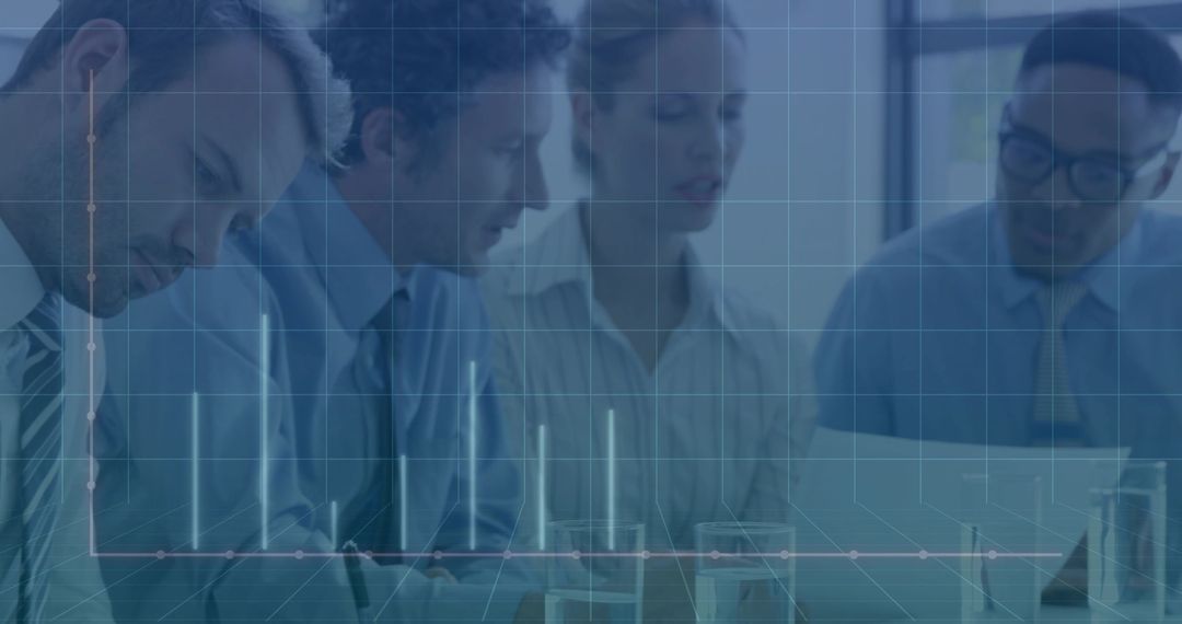 Business Team Collaborating with Data Visualization Overlay in Office