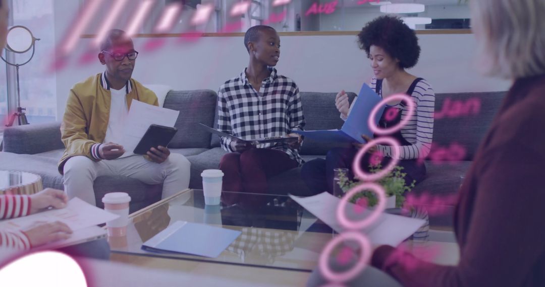 Diverse Team Collaborating with Financial Data and Digital Interface