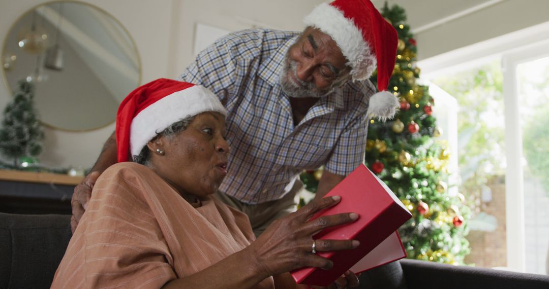 Elderly Couple Celebrating Christmas with Gift Exchange - Free Images, Stock Photos and Pictures on Pikwizard.com