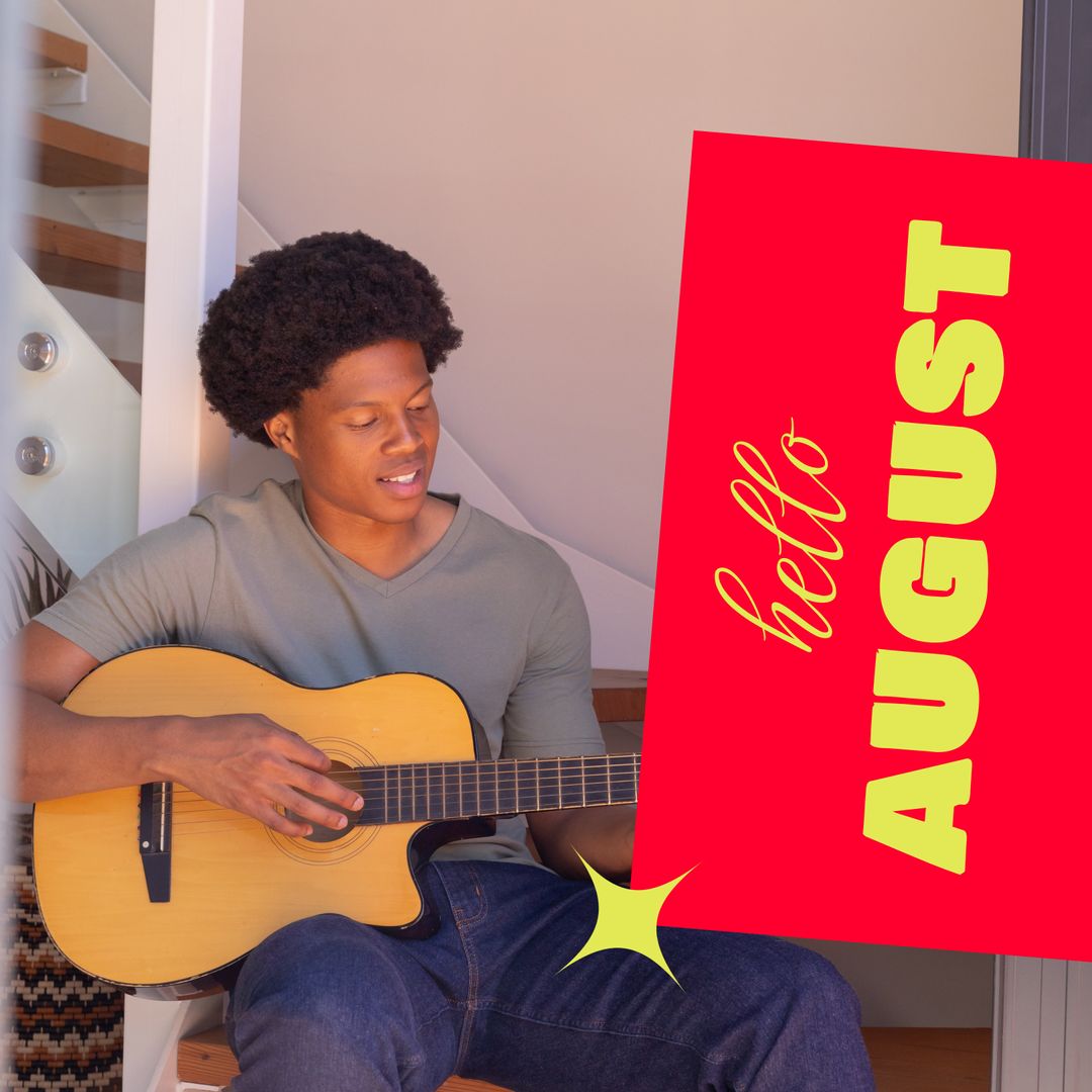 Joyful Musician Welcoming August with Guitar and Greeting