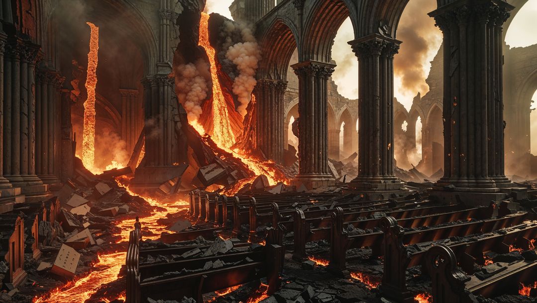 Catastrophic hell lava flow through gothic cathedral ruins