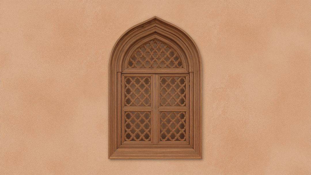 Vintage Arched Wooden Lattice Window on Tan Plaster Wall