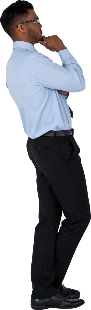 Thoughtful Businessman Standing in Side Profile Cutout with Transparent Background