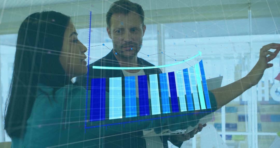 Business Professionals Analyzing Virtual Bar Chart in Modern Office