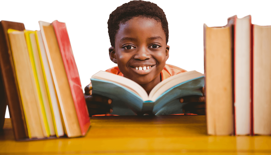 Joyful Boy Engaged in Reading Book Between Library Shelves, Transparent Background