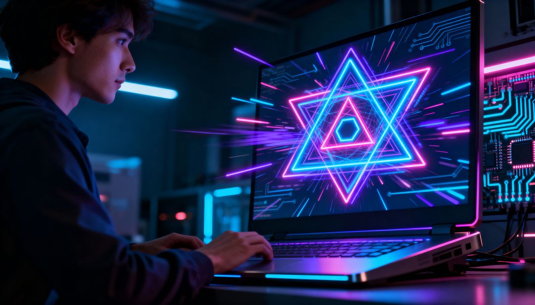Young Asian programmer coding on neon laptop with glowing geometric star and circuit board