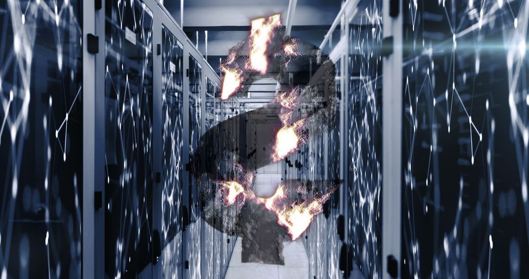 Burning Dollar Symbol in Digital Server Room