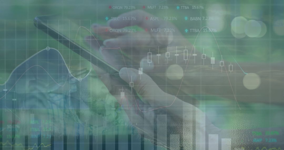 Business Hands Analyzing Stock Market on Smartphone with Financial Data Overlay