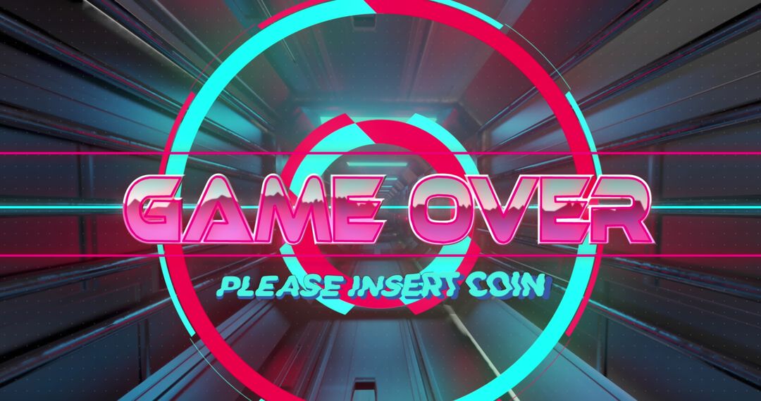 Retro Game Over and Insert Coin Neon Text in Futuristic Tunnel