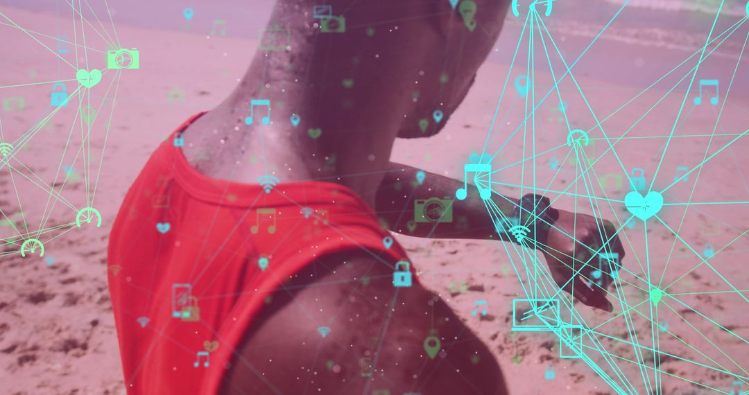 African American Man Using Smartwatch on Beach with Digital Interface
