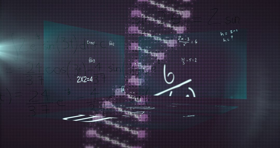 DNA Helix Overlay with Mathematical Equations on Abstract Background
