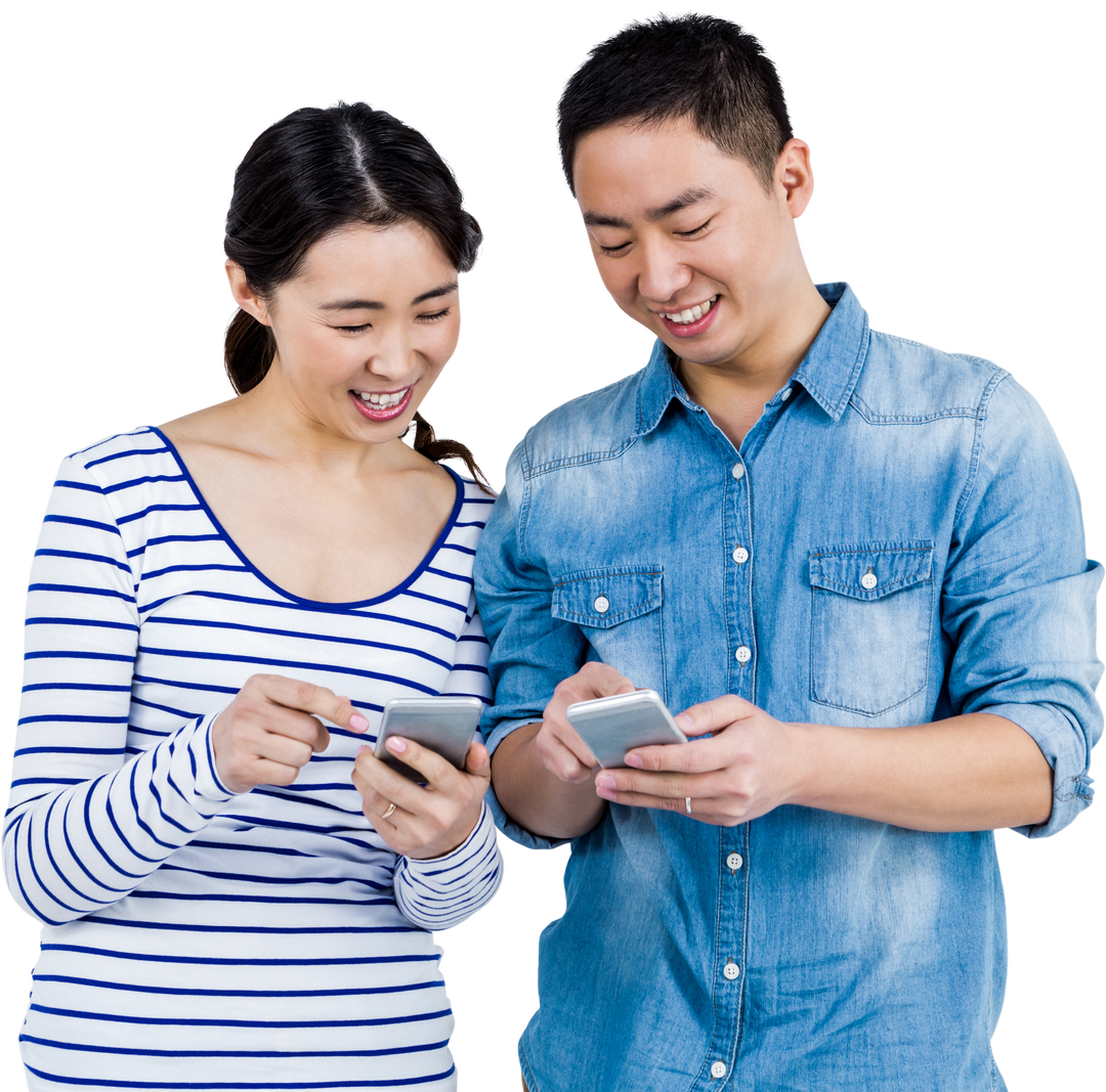 Smiling Asian Couple Enjoying Smartphones on Transparent Background - Download Free Stock Images Pikwizard.com