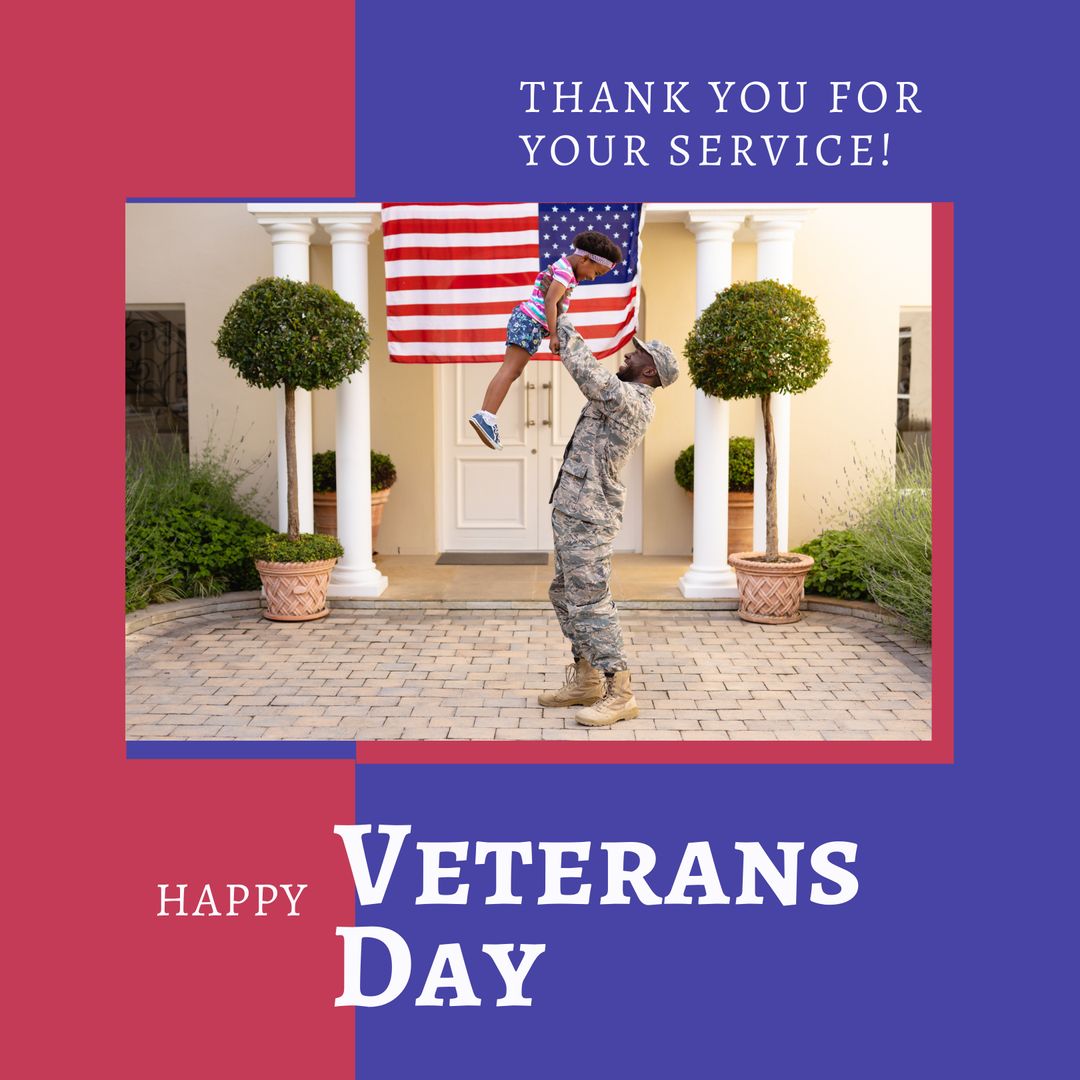 Happy Veterans Day with Soldier Lifting Child Celebration