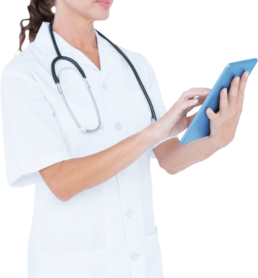 Female Doctor Using Tablet with Transparent Background