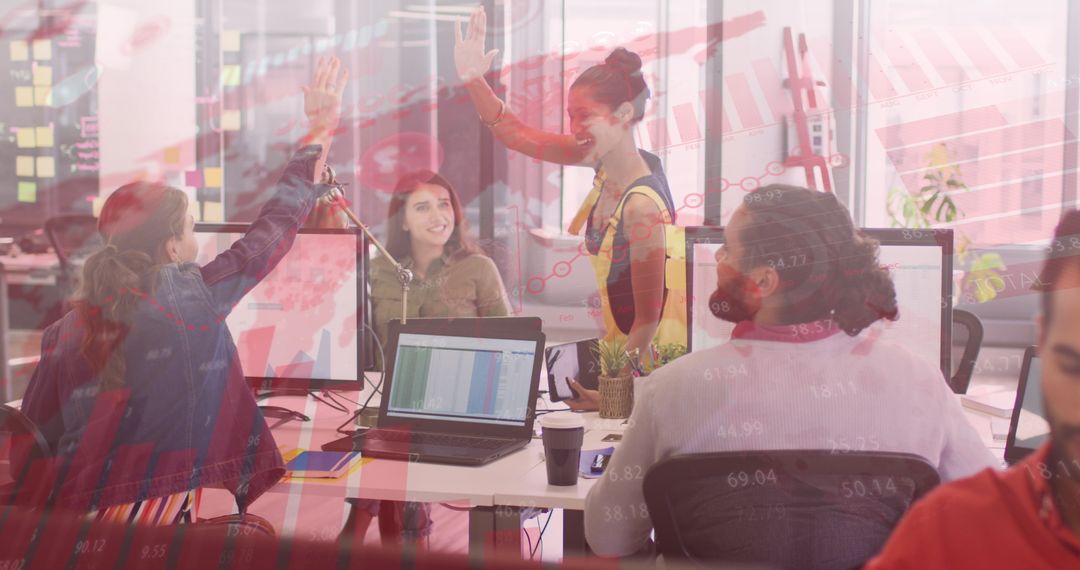 Diverse Team in Office Discussing Growth with Financial Charts Overlay