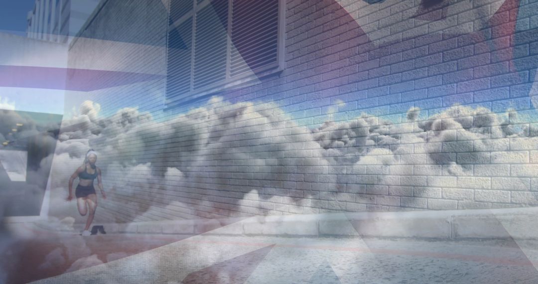 Dynamic Runner Against Abstract UK Flag and Clouds Background