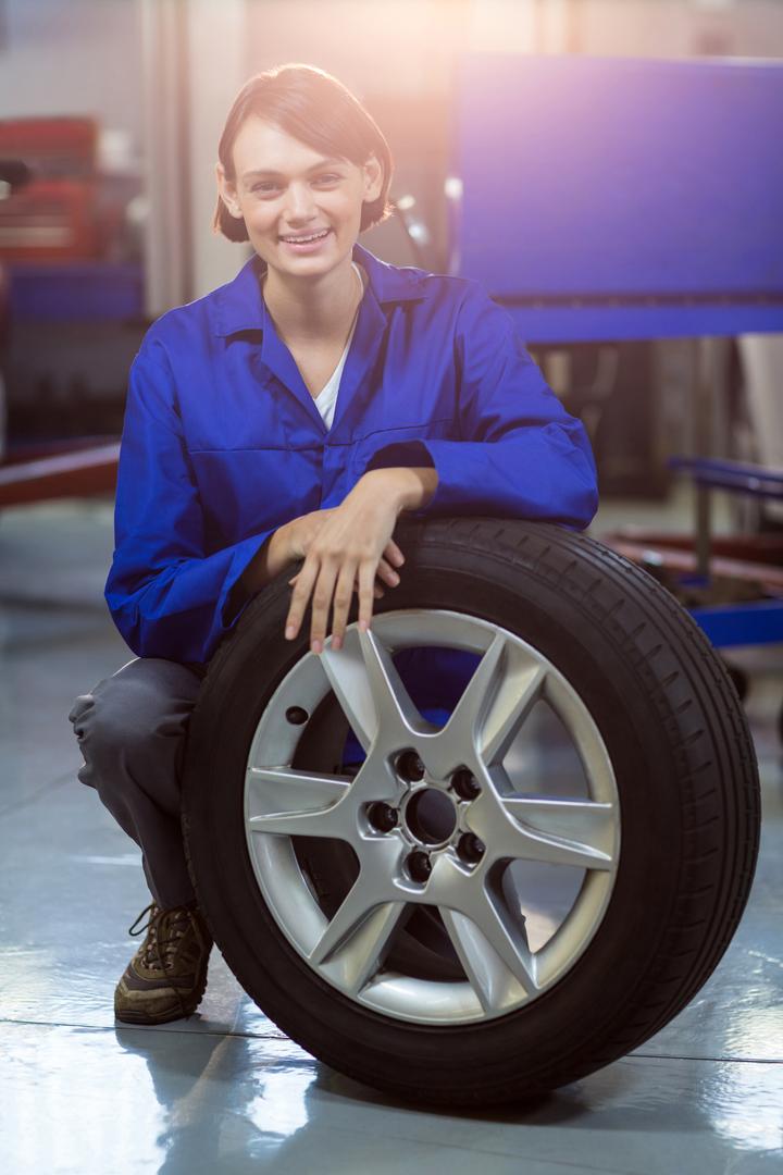 Portrait of female mechanic with a tyre - Free Images, Stock Photos and Pictures on Pikwizard.com