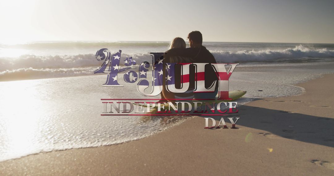 Couple Relaxing on Beach with Surfboard Celebrating 4th of July