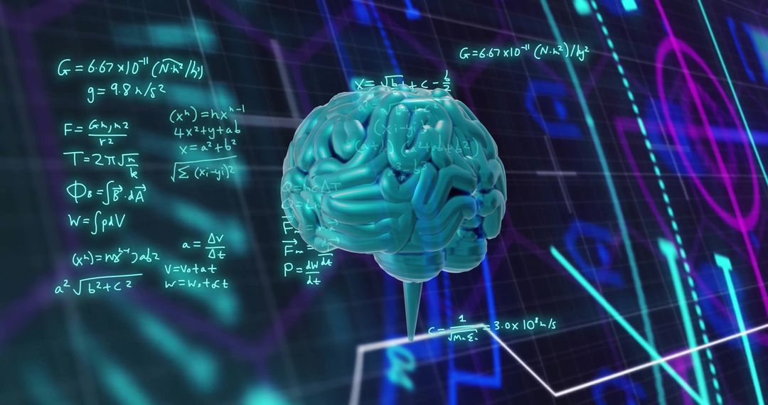 Glowing Brain with Mathematical Equations on Digital Interface