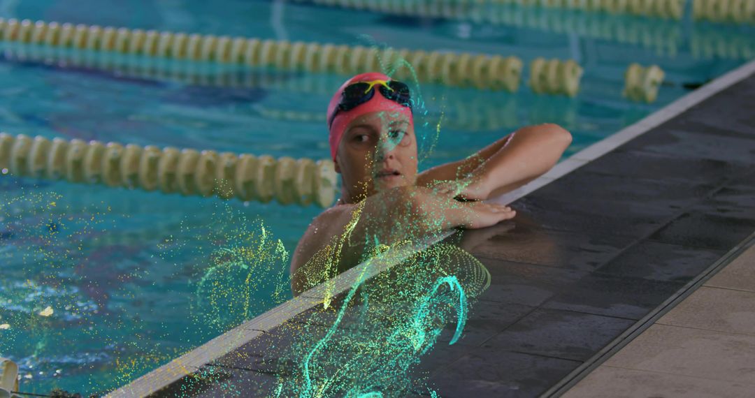 Competitive Swimmer Resting at Pool Edge with Vibrant Particle Effect