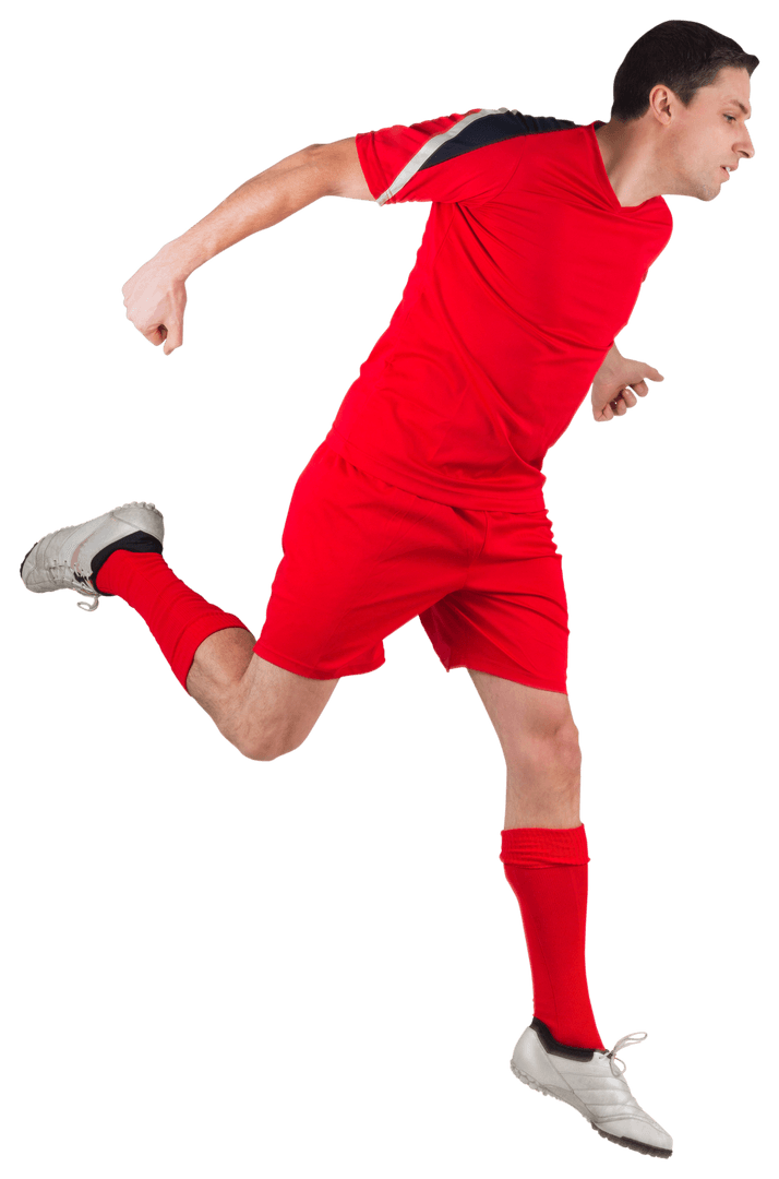 Dynamic Soccer Player in Red Uniform on Transparent Background