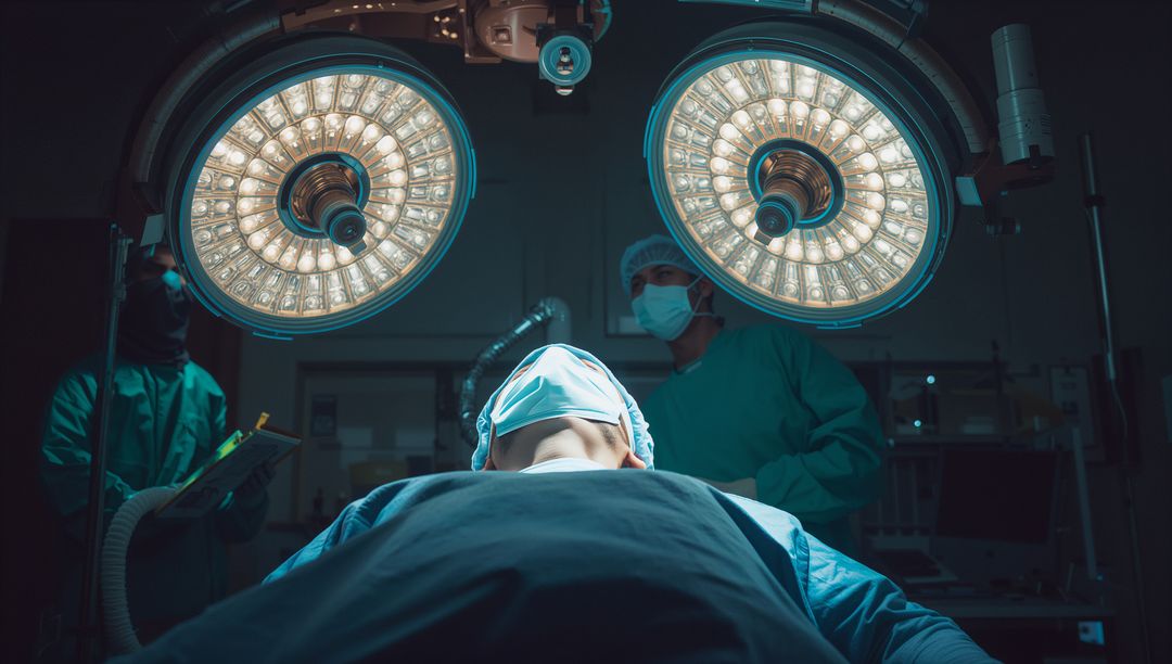 Surgical Team Performing Operation with Overhead Lights