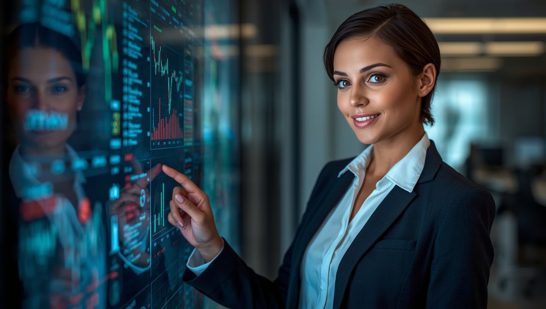 AI-Generated Businesswoman Using Interactive Digital Display in Modern Office
