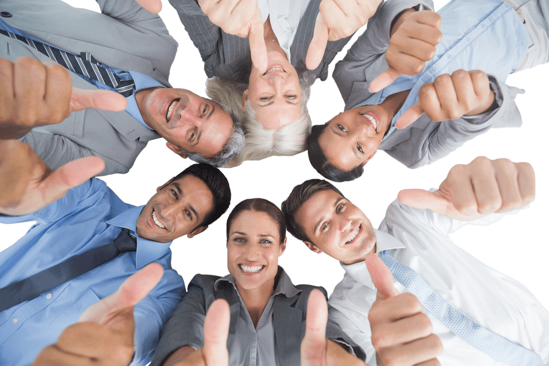 Diverse team showing thumbs up, achieving transparent unity
