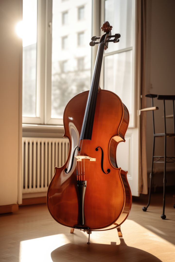 Brown cello displayed next to window in sunny room, created using generative ai technology - Free Images, Stock Photos and Pictures on Pikwizard.com