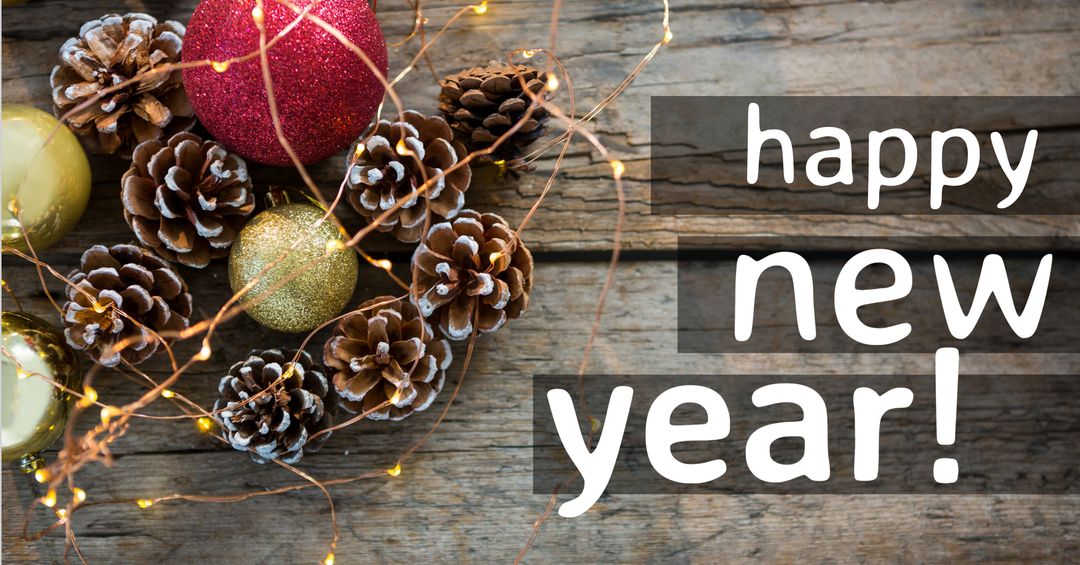 Festive Pine Cones and Ornaments with Happy New Year Greeting
