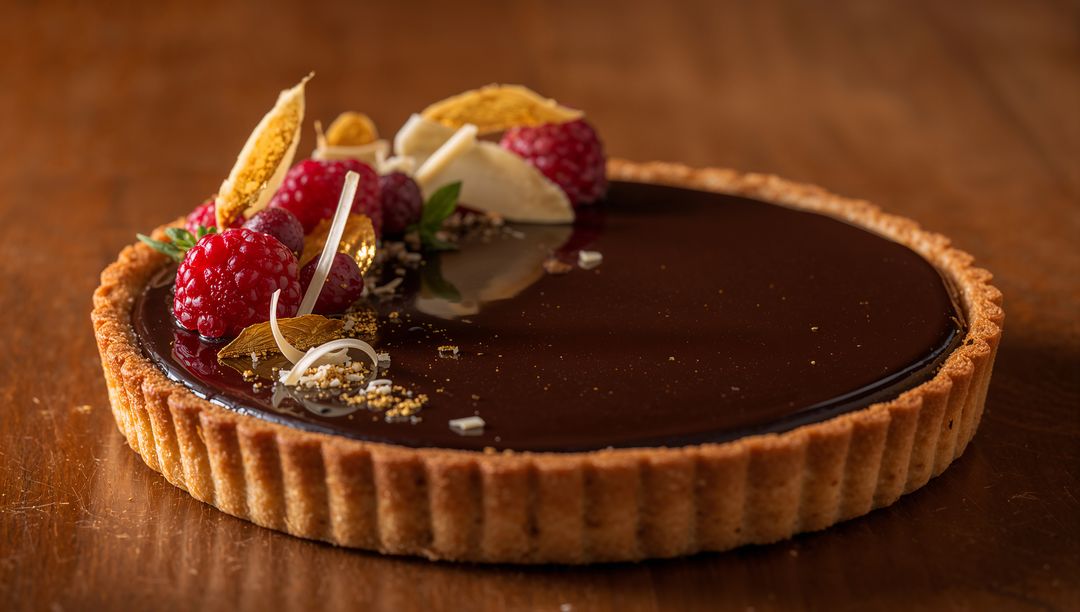 Glossy Chocolate Ganache Tart with Raspberries and Gold Leaf on Rustic Wood