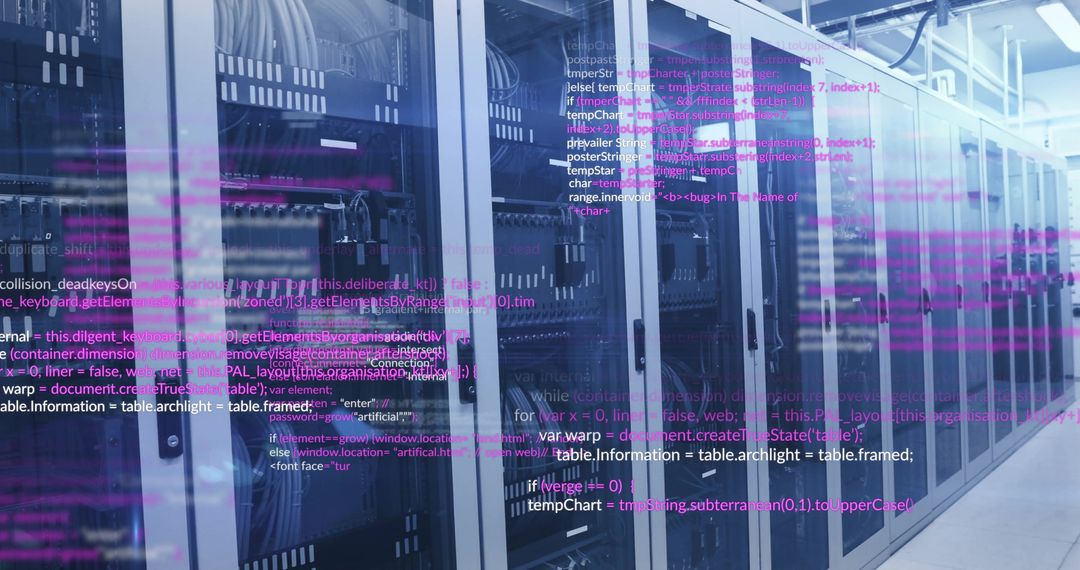 Computer code overlaying server racks in a data center