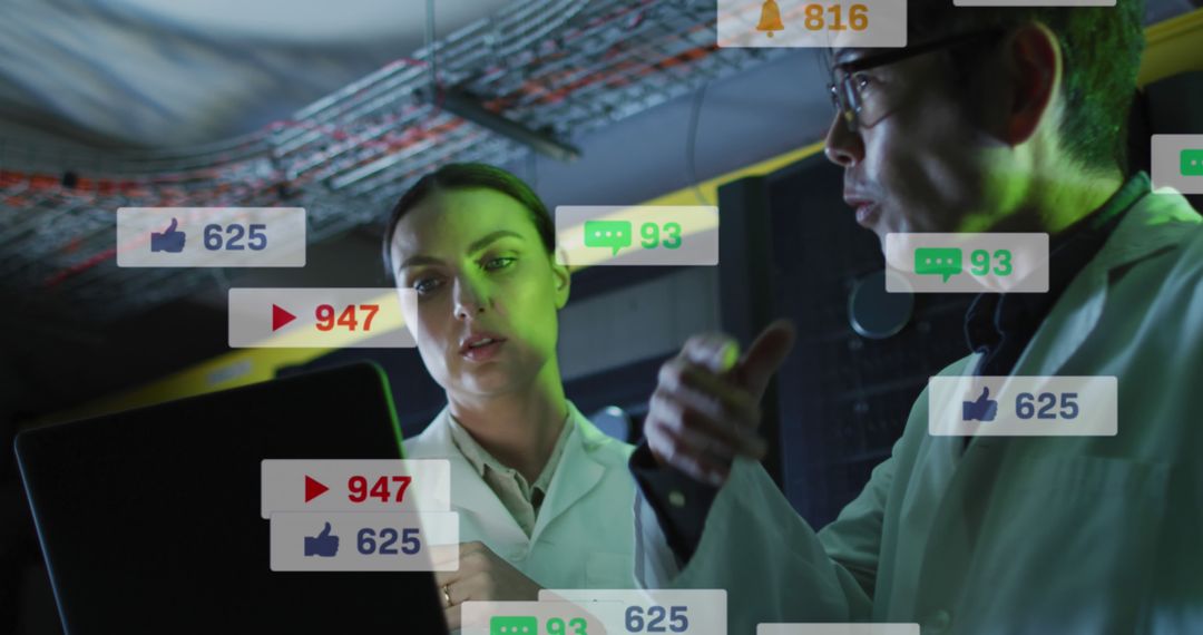 Scientists Analyzing Data with Social Media Reactions Overlay - Free Images, Stock Photos and Pictures on Pikwizard.com