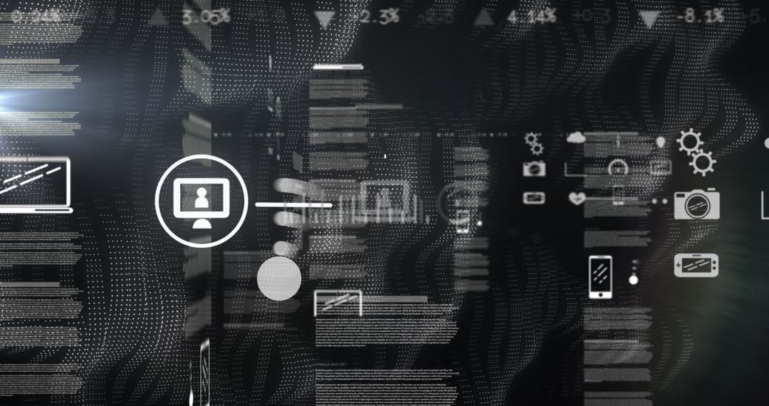Futuristic digital interface with data processing and security symbols