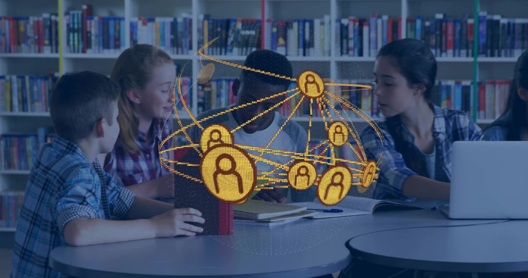 Middle School Students Collaborating at Library Table with Augmented Networking Graphic